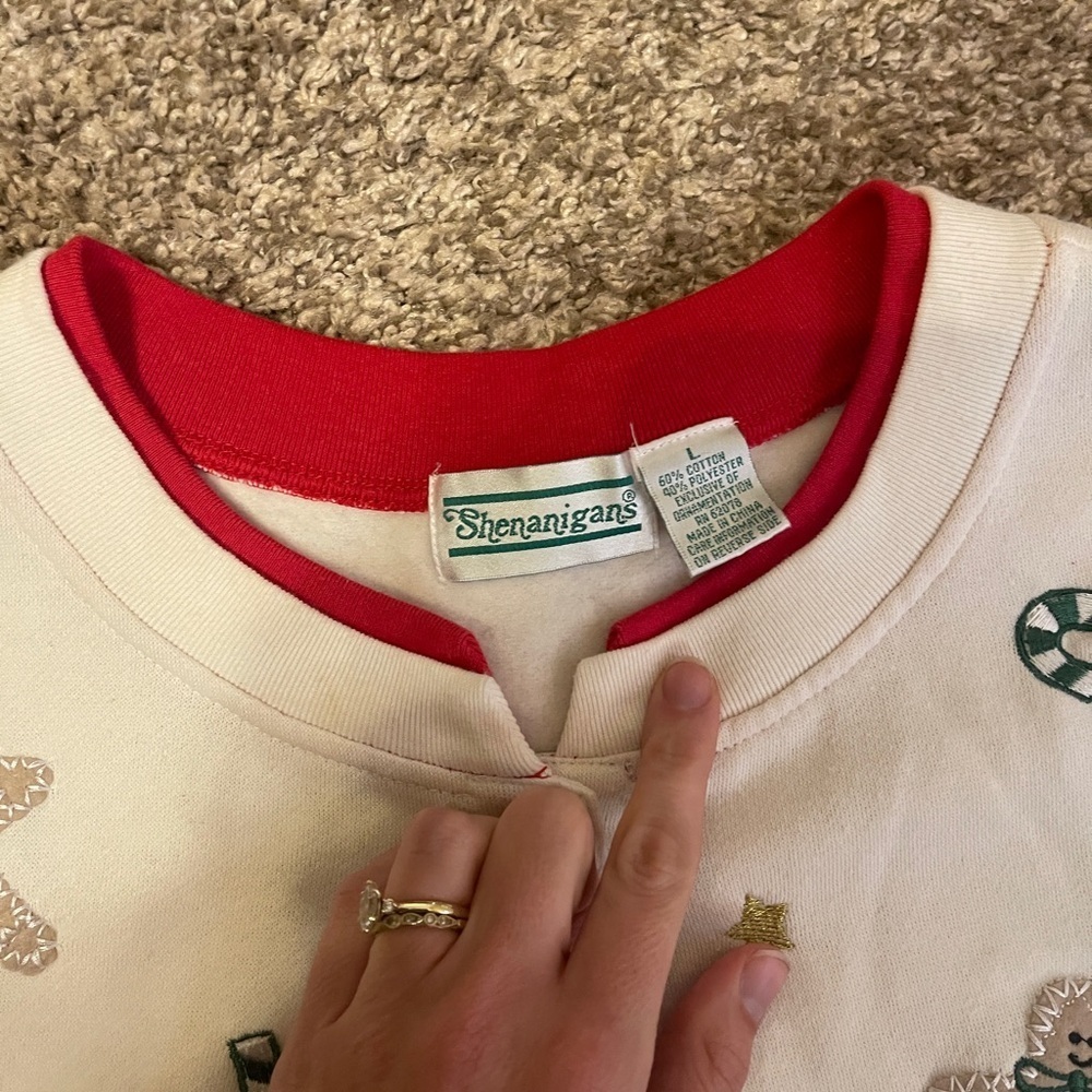 Vintage Cream Cardigan candy cane gingerbread Embroidery L cottage core grandma - Picture 5 of 9